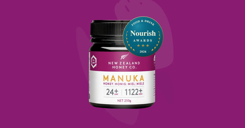 New Zealand Honey Co. Manuka Honey 250g jar with Nourish Awards 2026 badge on purple background