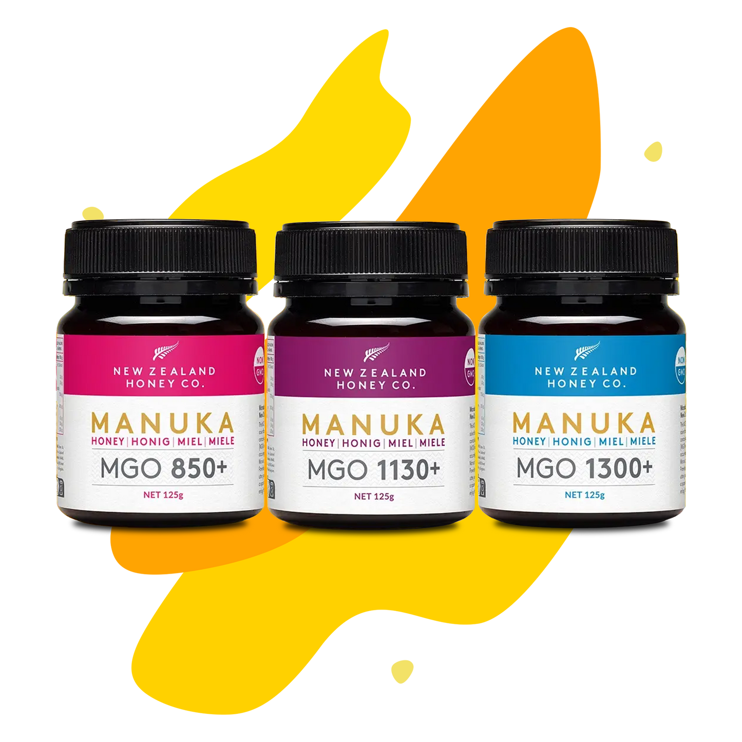Three Manuka Honey mini jars 125g in MGO 850+, 1130+ and 1300+ – New Zealand Honey Co. tasting set