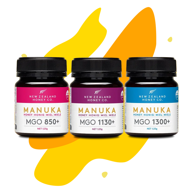 Three Manuka Honey mini jars 125g in MGO 850+, 1130+ and 1300+ – New Zealand Honey Co. tasting set